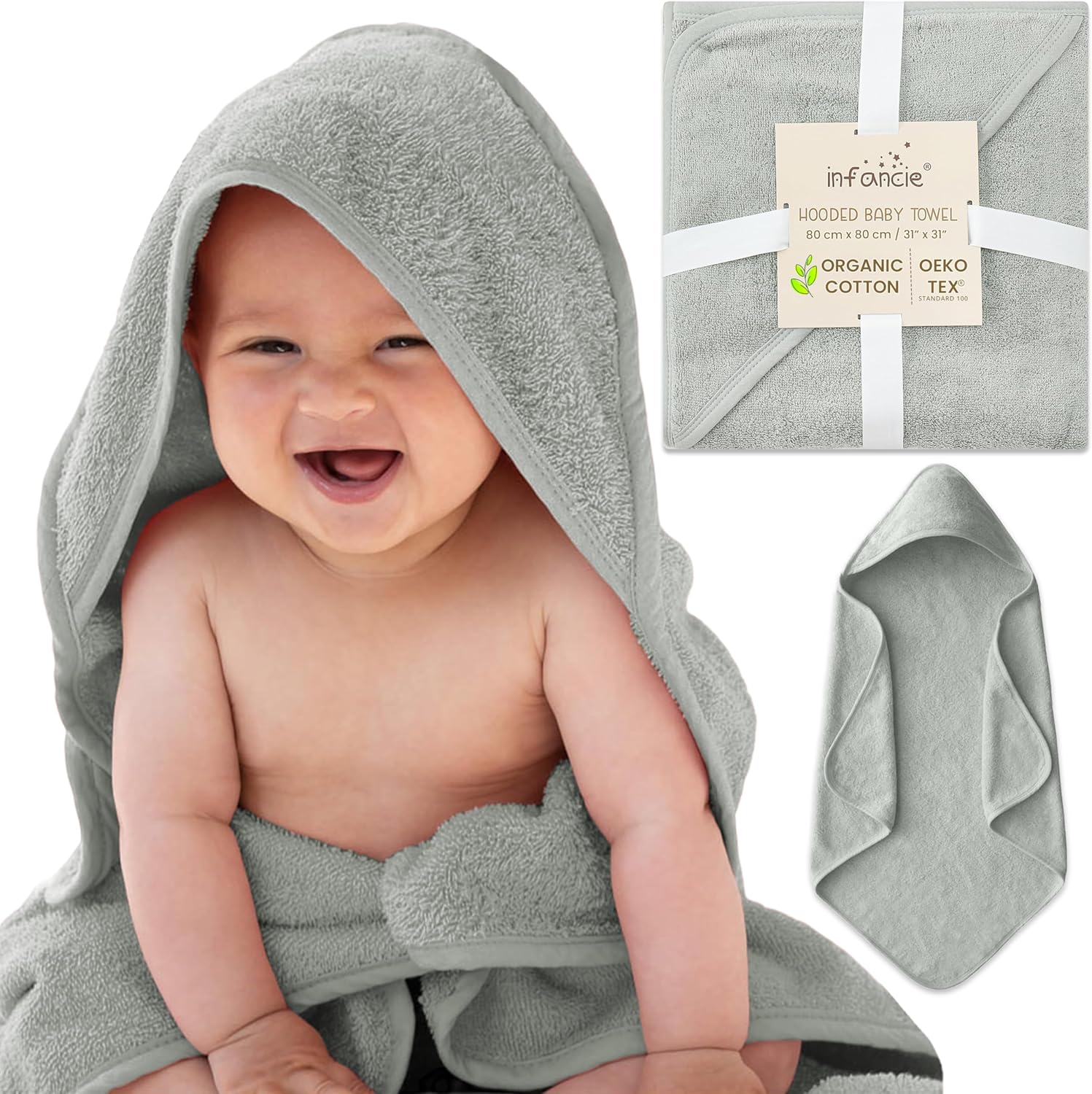 Infancie Organic Cotton Hooded Baby Towels 314 x 314 Moss Green