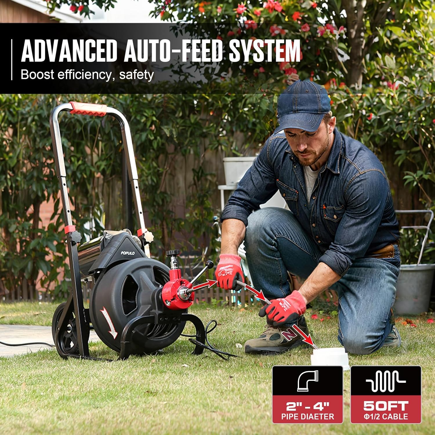 POPULO Auto Feed Drain Auger 50FT 12 Inch Electric