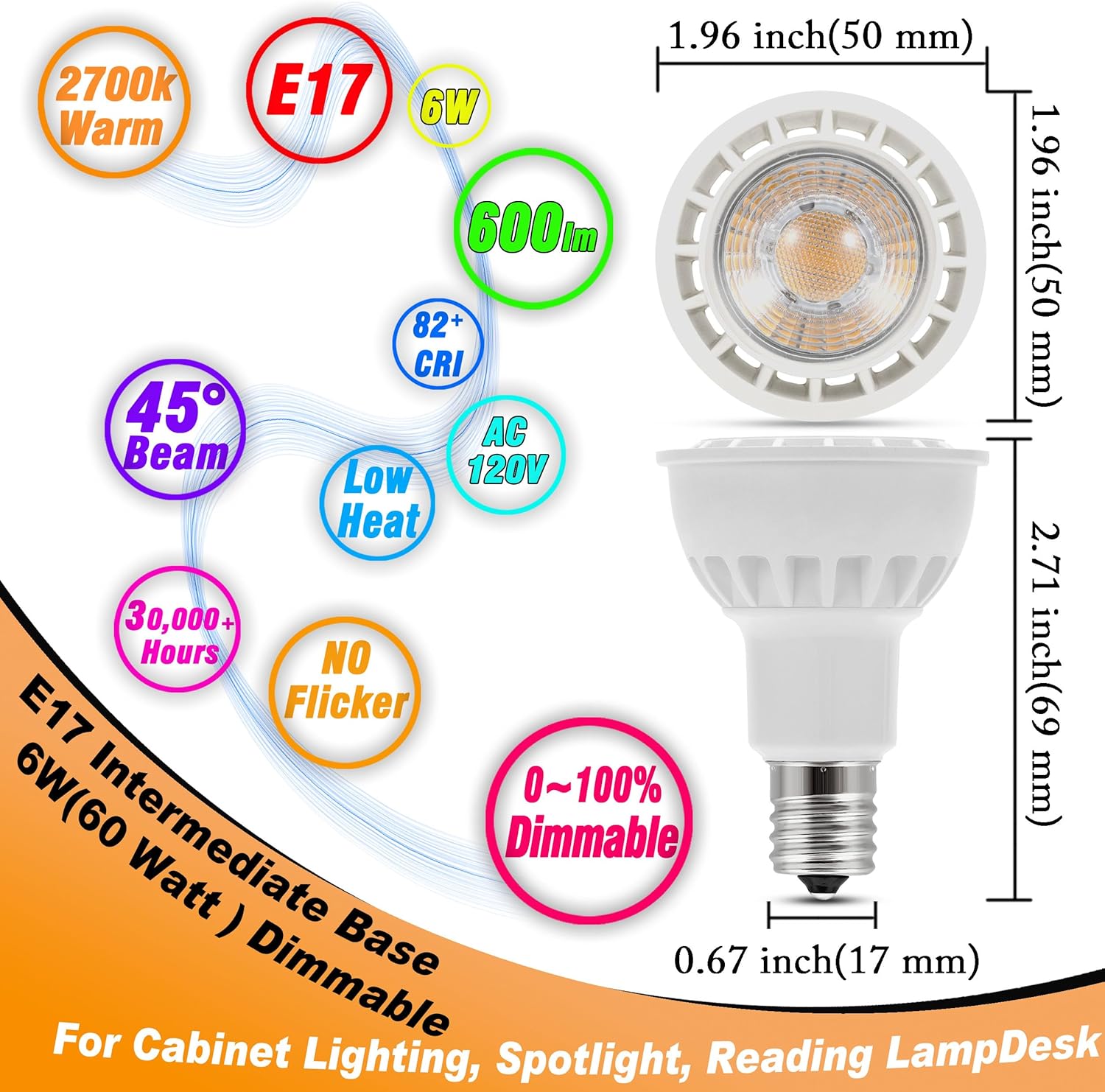Heifymi Dimmable E17 LED Bulb 6W 3 Pack Warm White 2700K