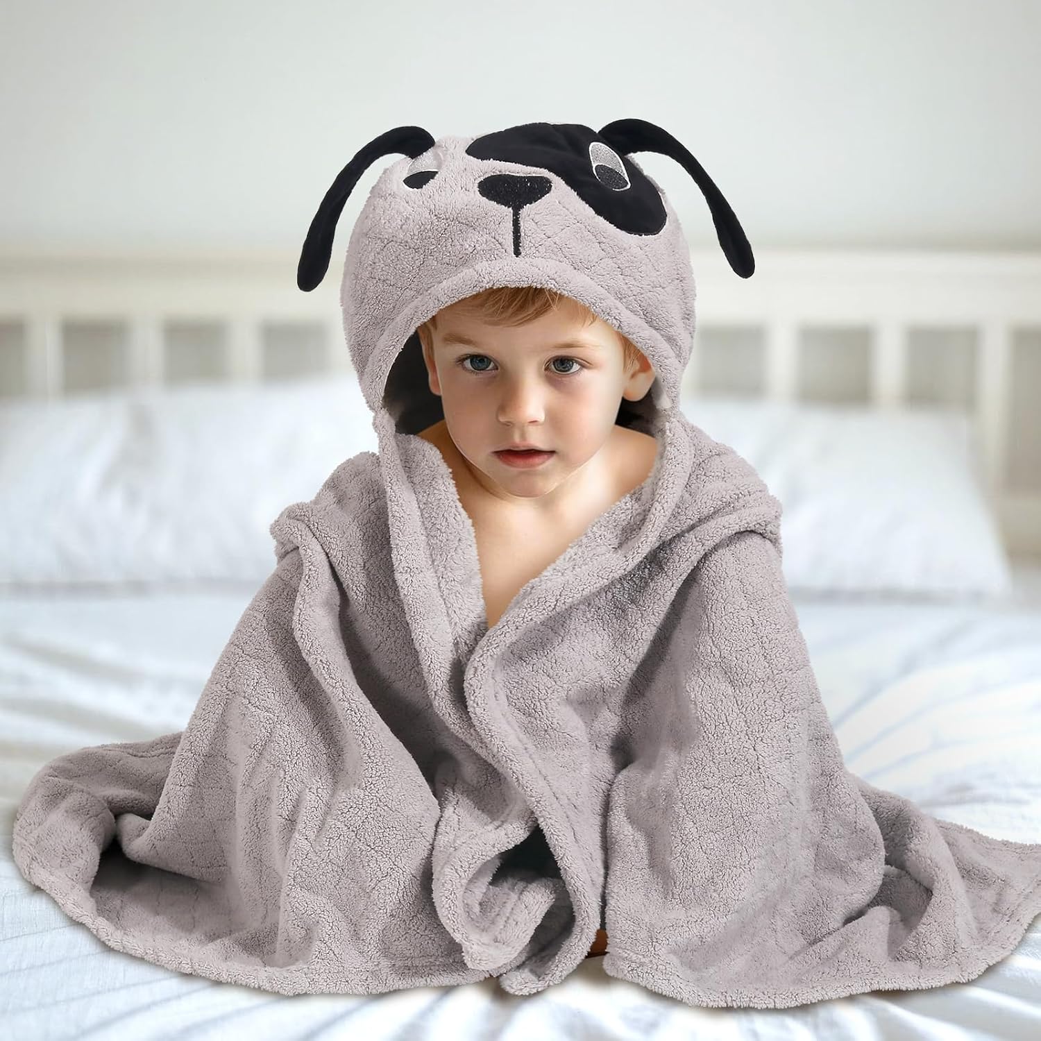 WODHOY Baby Boy Bath Towels with Grey Puppy Hood