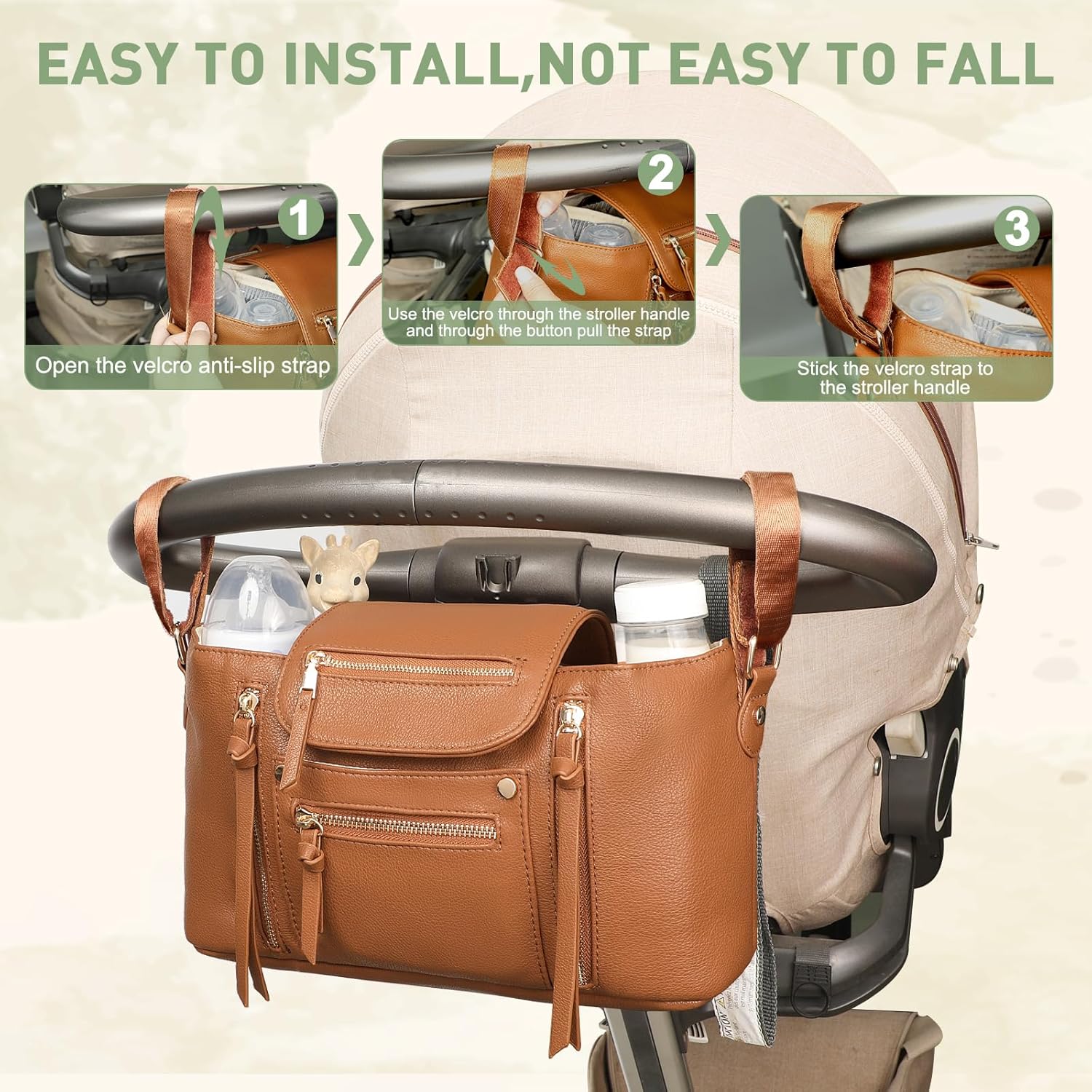 Miss Fong Stroller Organizer with Insulated Cup Holder and Adjustable Strap Brown