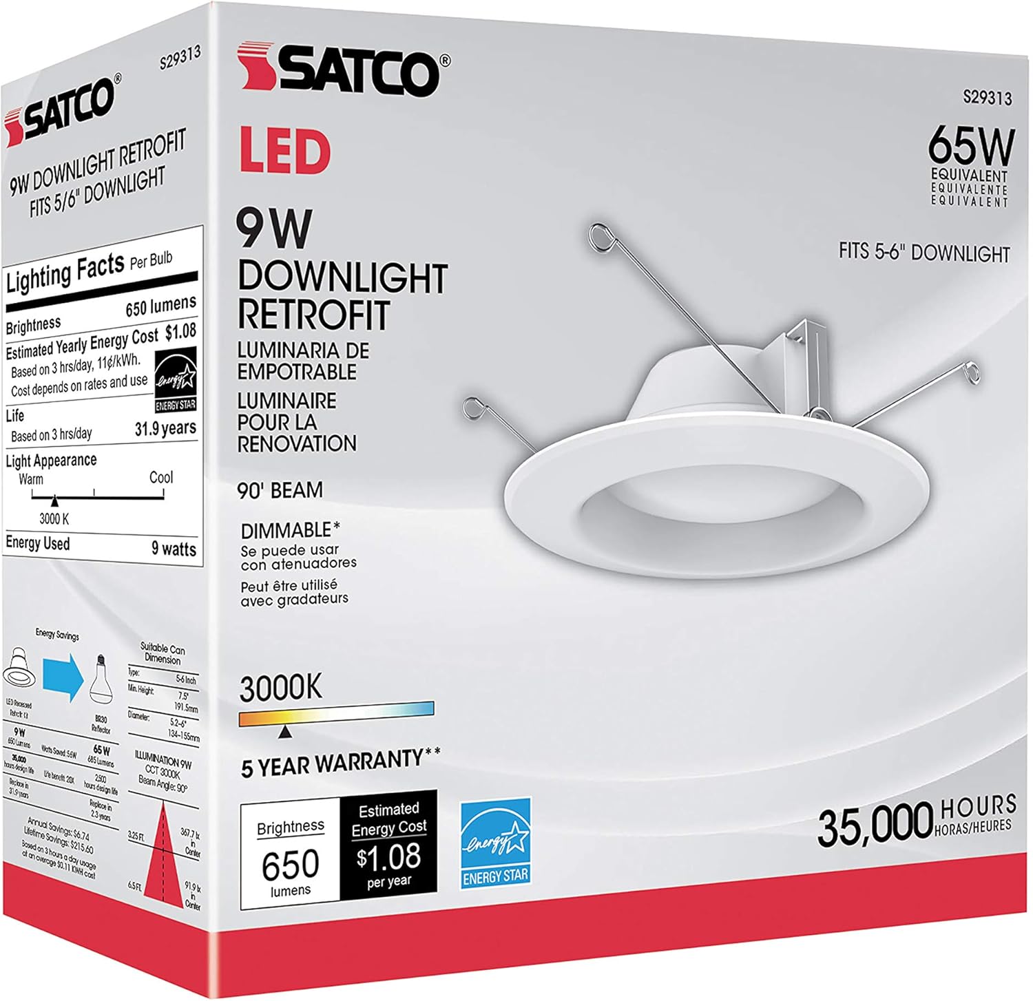 Satco S29313 LED Downlight Retrofit 98W White
