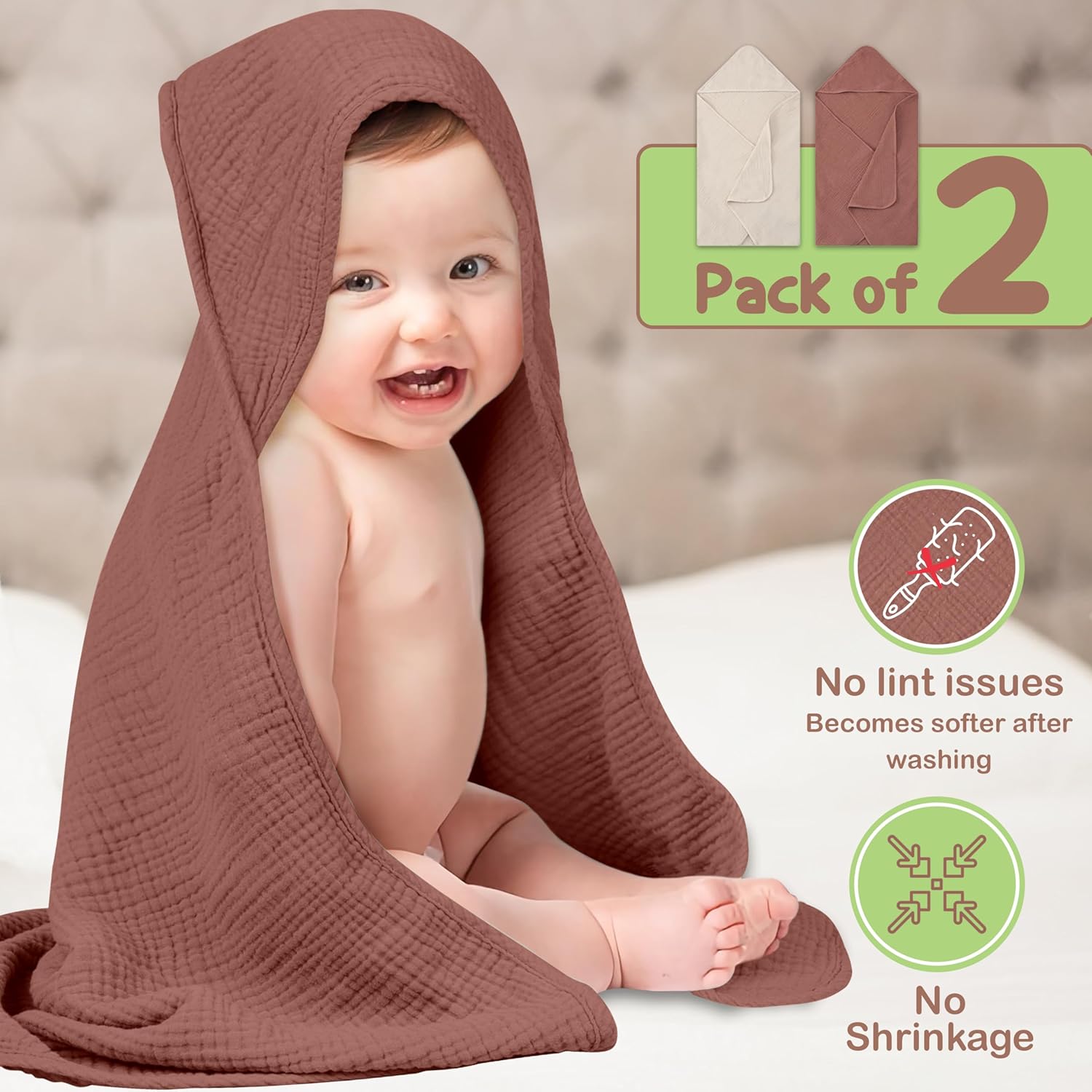 Organic Cotton Muslin Baby Hooded Towels - 2 Pack 32x32 Inch