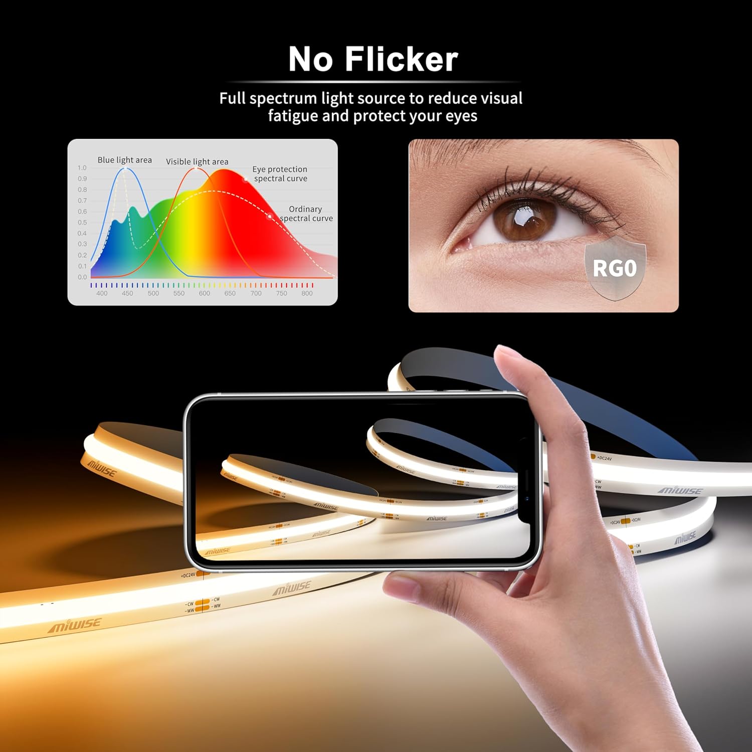 MIWISE CCT COB LED Strip Light Tunable White 20ft