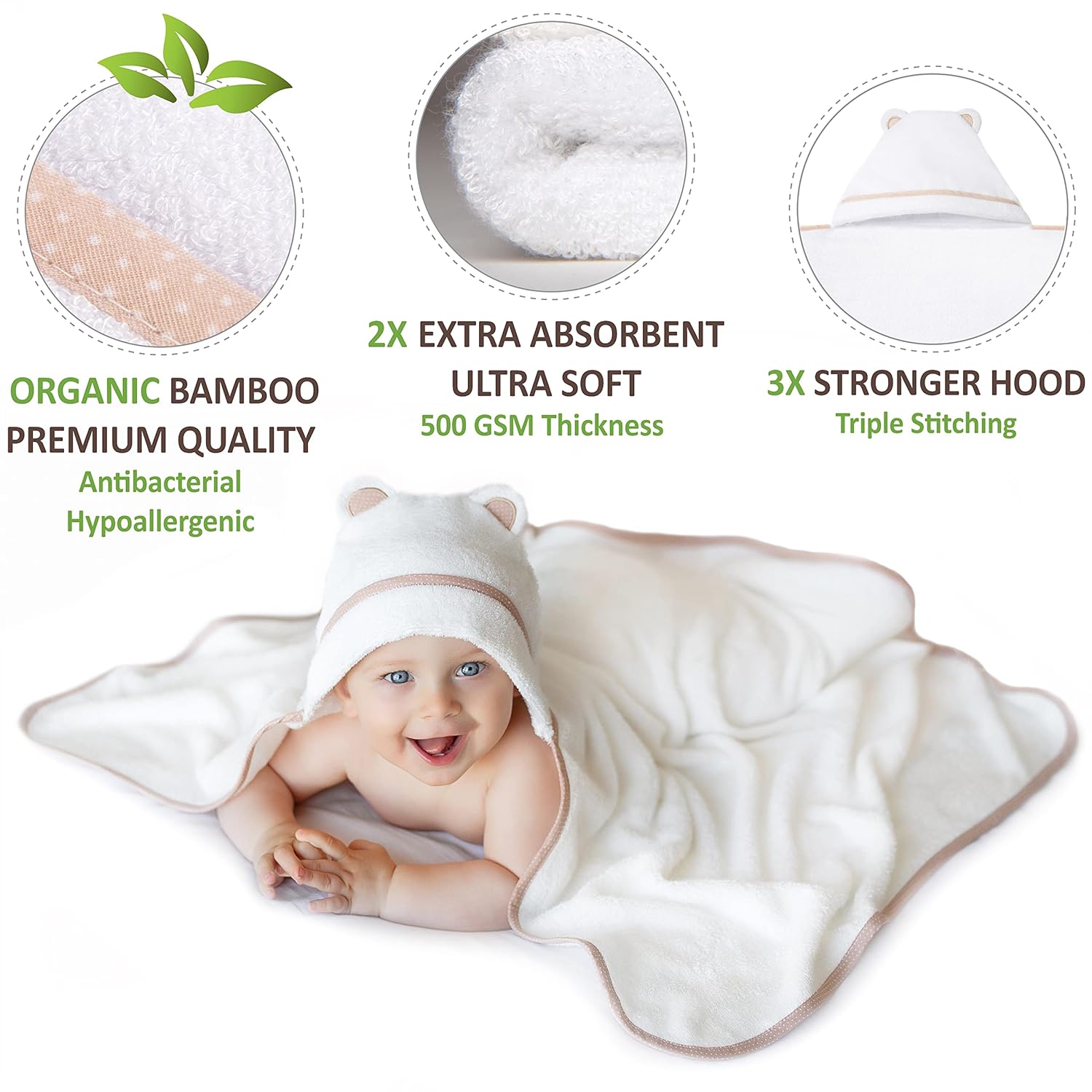 Warm Cuddles Premium Bamboo Hooded Baby Towel - White