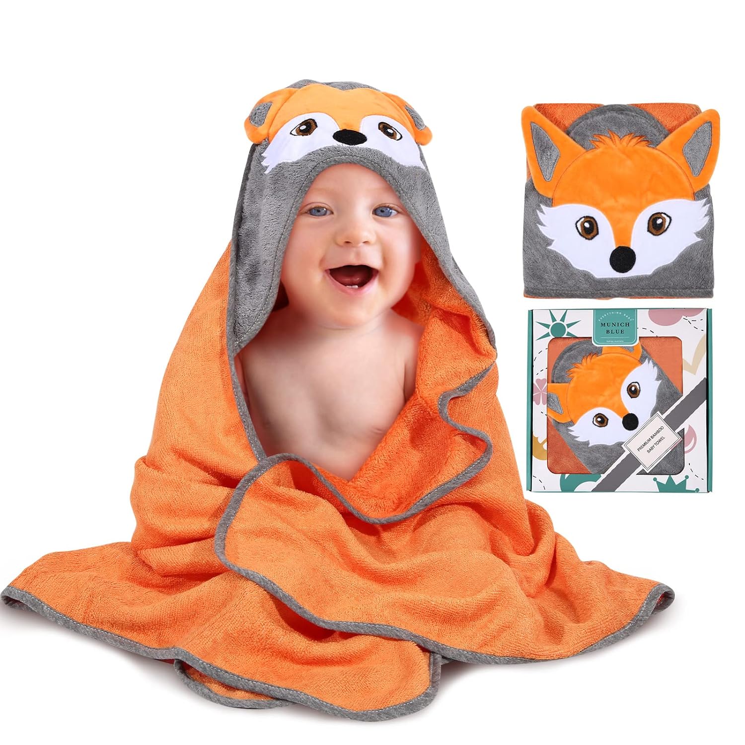 Munich Blue Toddler Bath Towel with Cute Fox Design