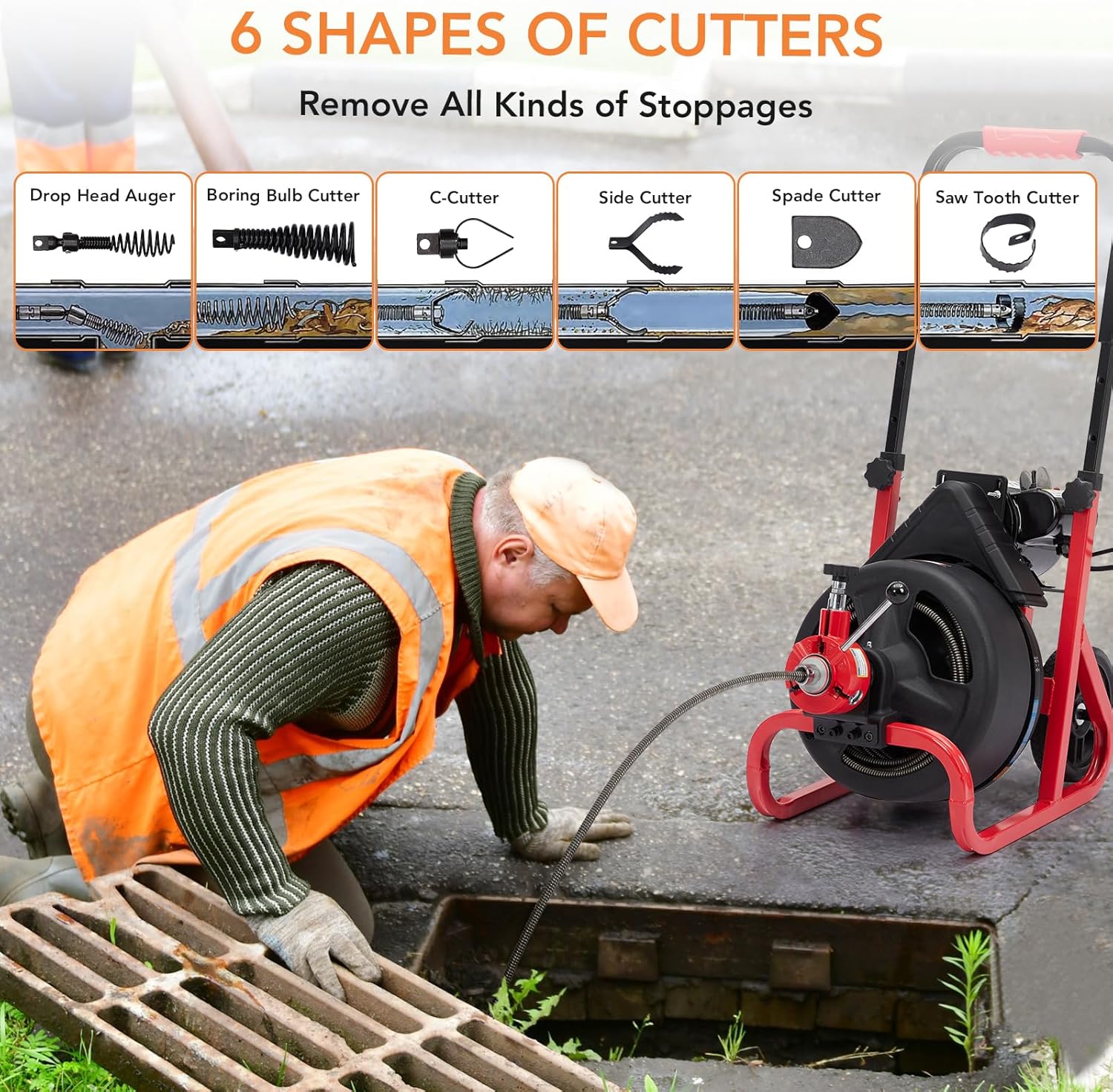 Garvee Drain Cleaner Machine with 6 Cutters and Gloves