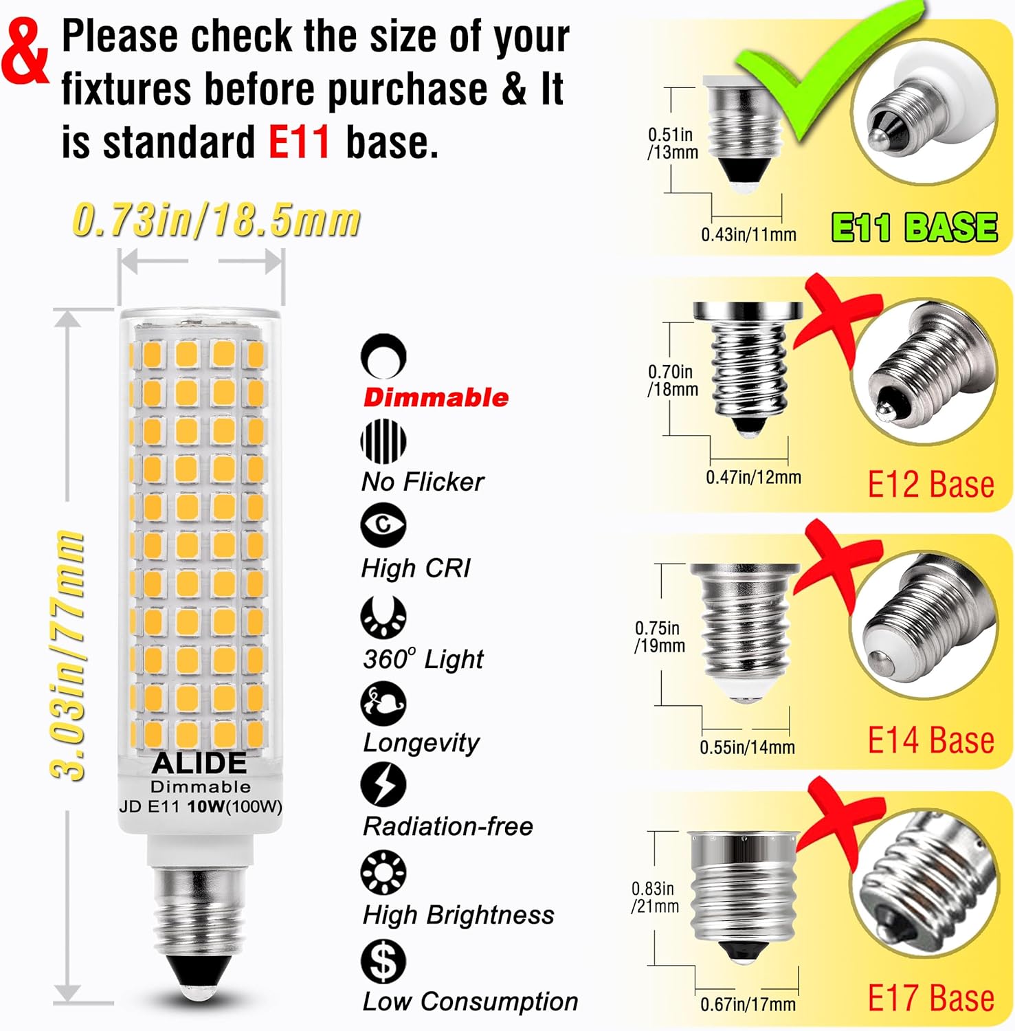 ALIDE JDE11 10W LED Candelabra Bulbs 4000K Dimmable 5Pack