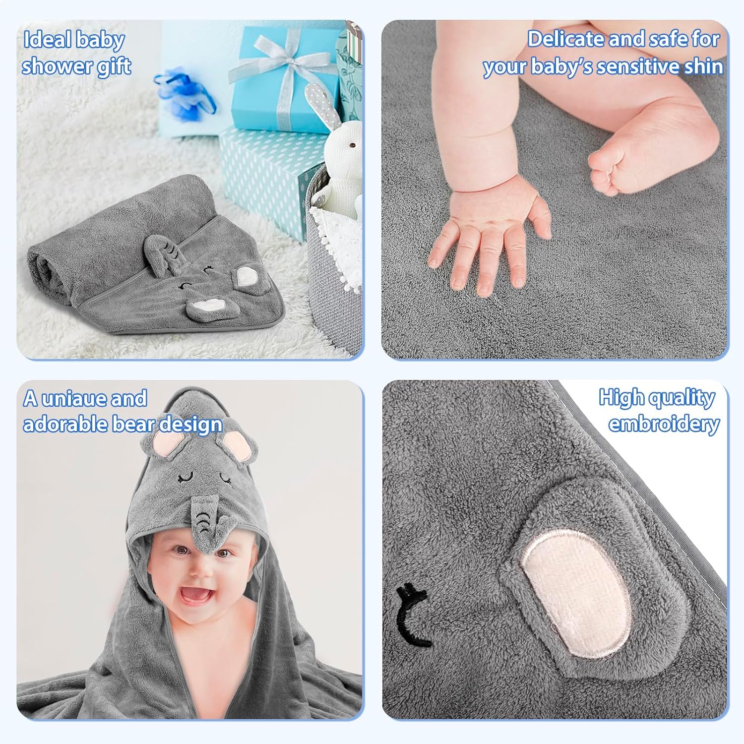 Vabrloy Baby Hooded Towel with Gray Elephant Design