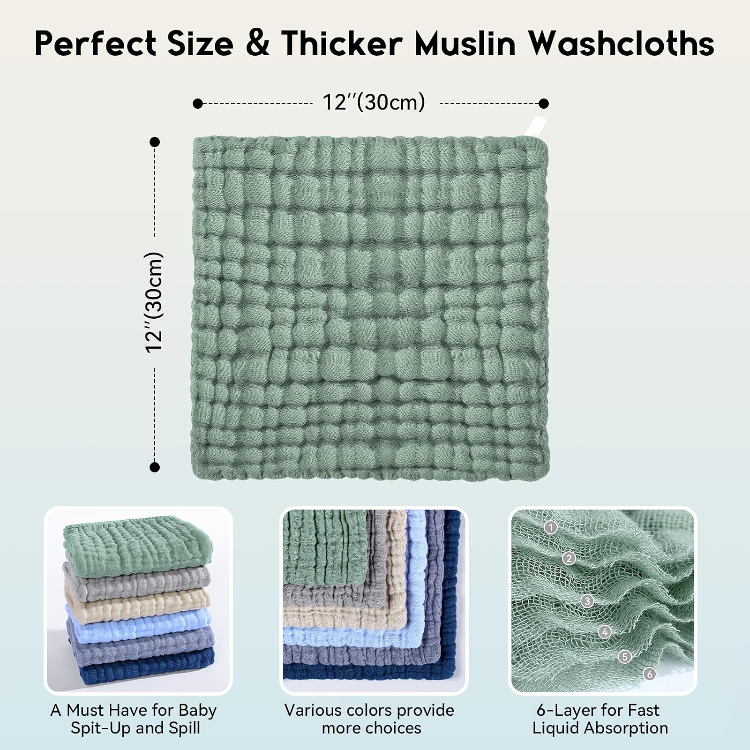 Unnivoll Muslin Baby Washcloths 6 Pack - 12x12 Multicolor