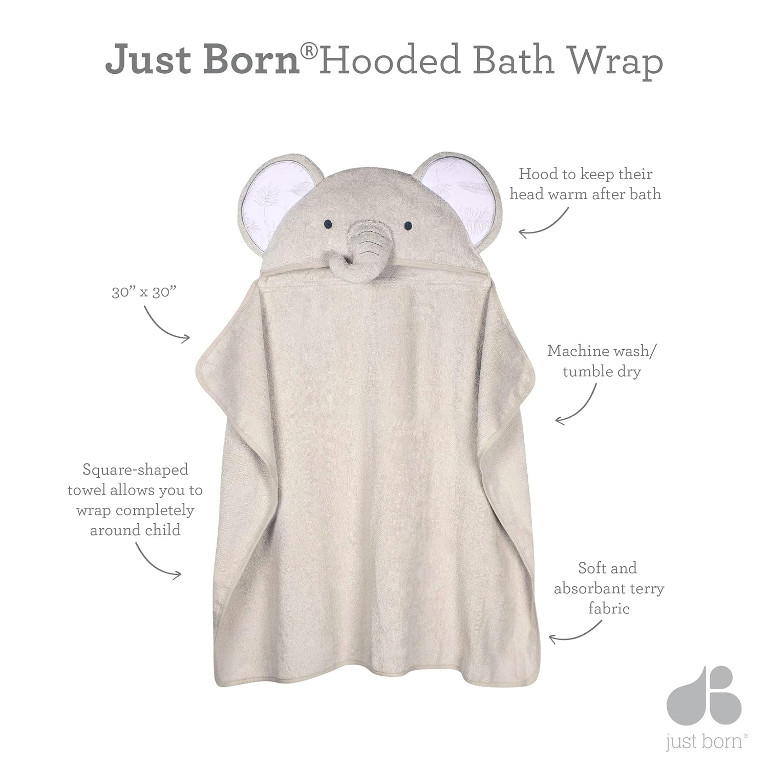 Just Born Hooded Bath Towel with Elephant Design
