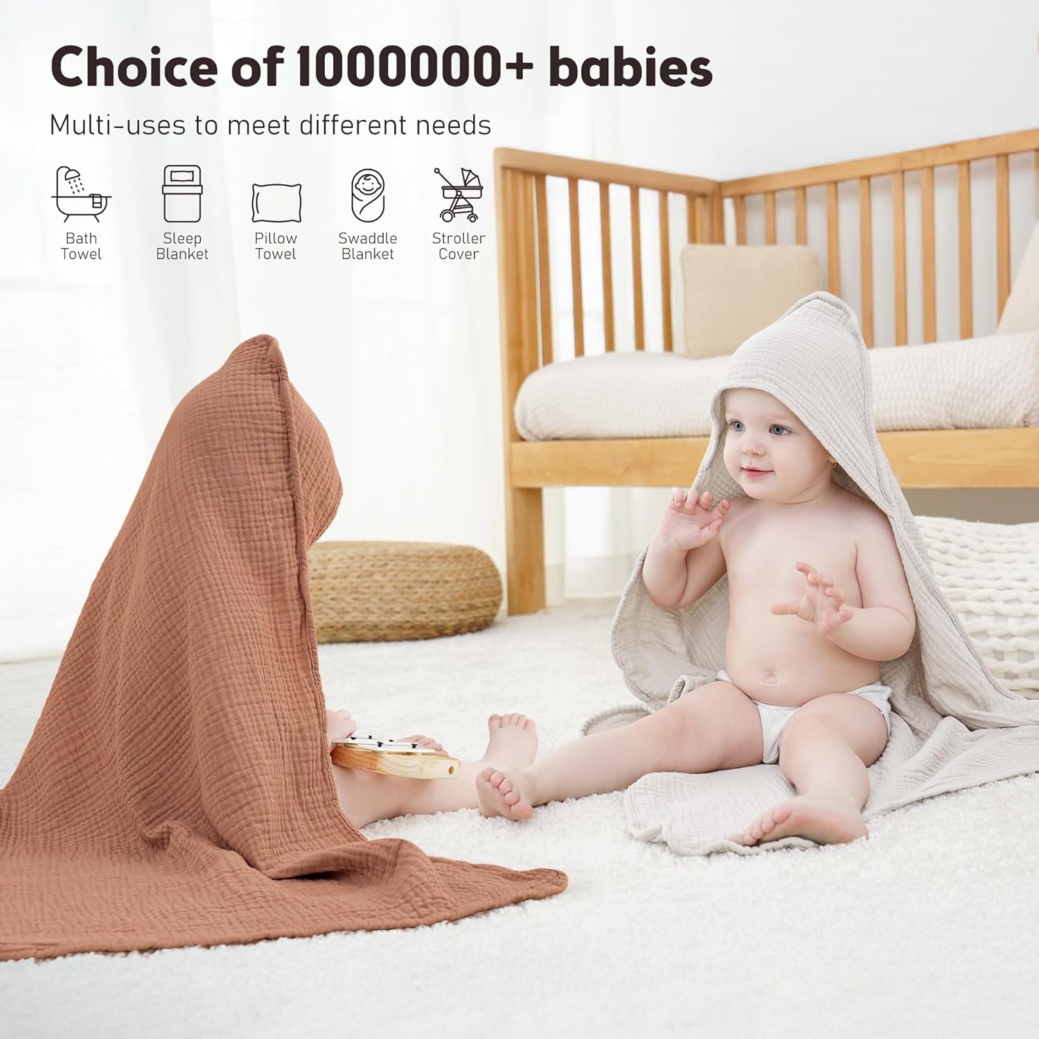 Susurration Hooded Baby Towels 2 Pack 30x30 Inch Muslin Cotton