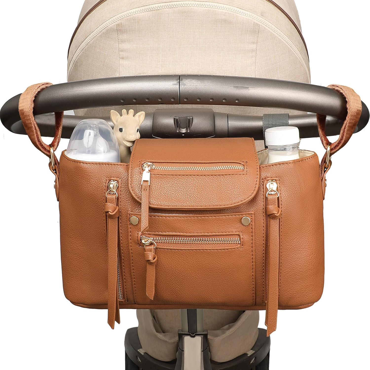 Miss Fong Stroller Organizer with Insulated Cup Holder and Adjustable Strap Brown