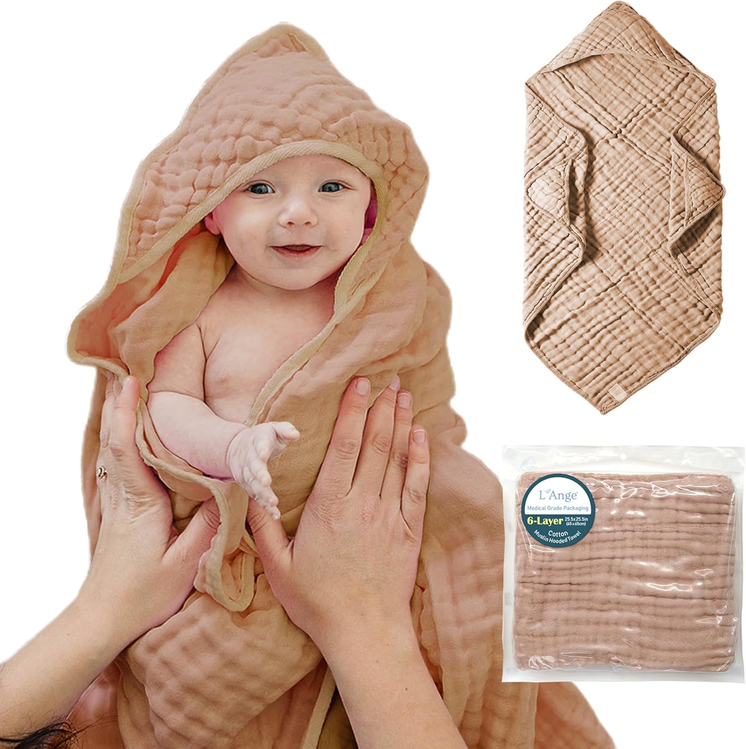 LAnge Muslin Hooded Baby Towel - 6 Layers 100 Cotton 315x315 in 1