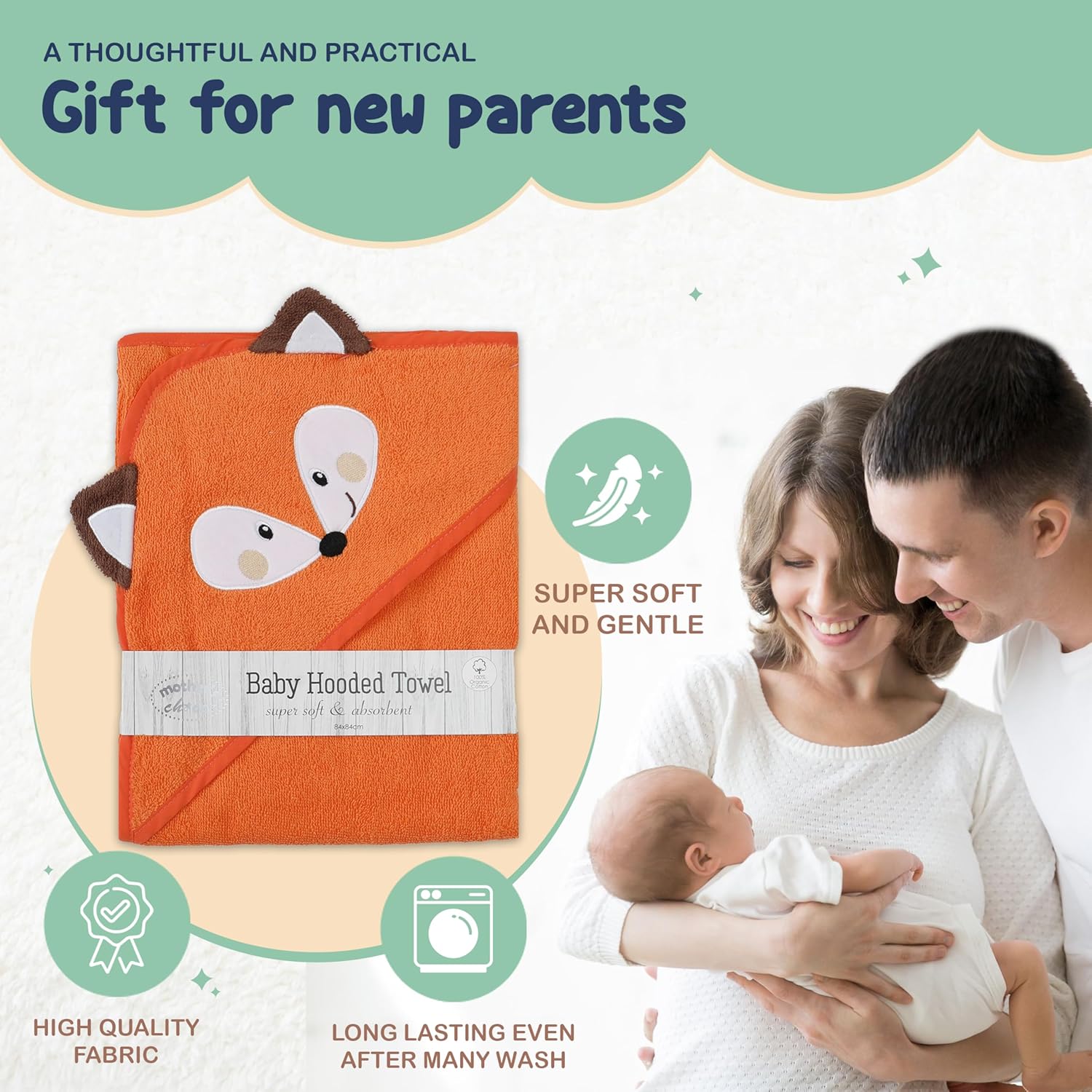 Mothers Choice Organic Baby Hooded Towel - 33x33 Inches Ultra Soft Absorbent