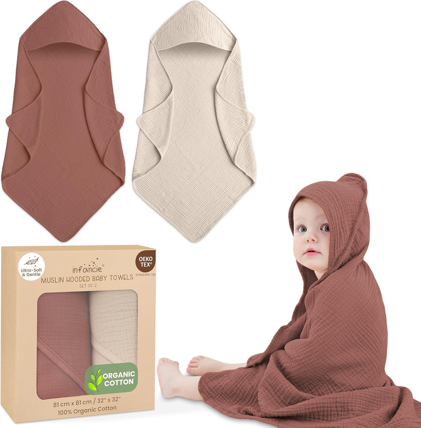 Organic Cotton Muslin Baby Hooded Towels - 2 Pack 32x32 Inch