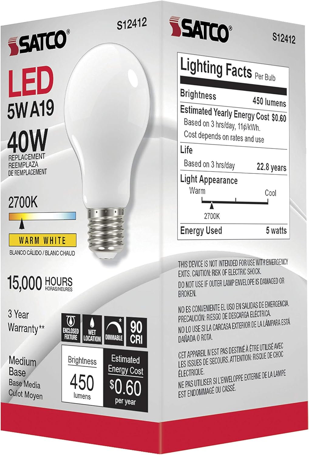 Satco S12412 5W Warm LED Downlight Bulb