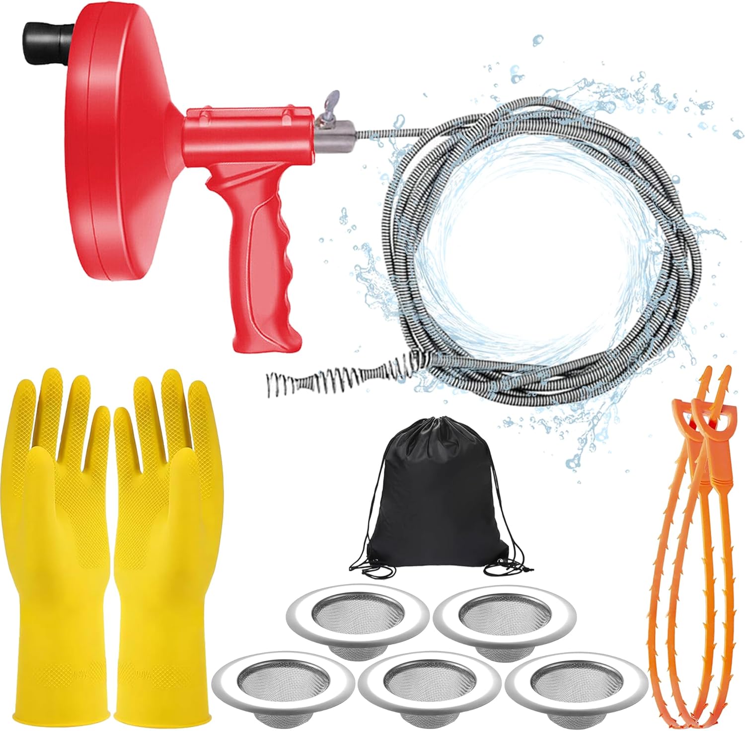 Simplelisa 32 Feet Manual Drain Auger Set with Hair Snake Strainer Gloves
