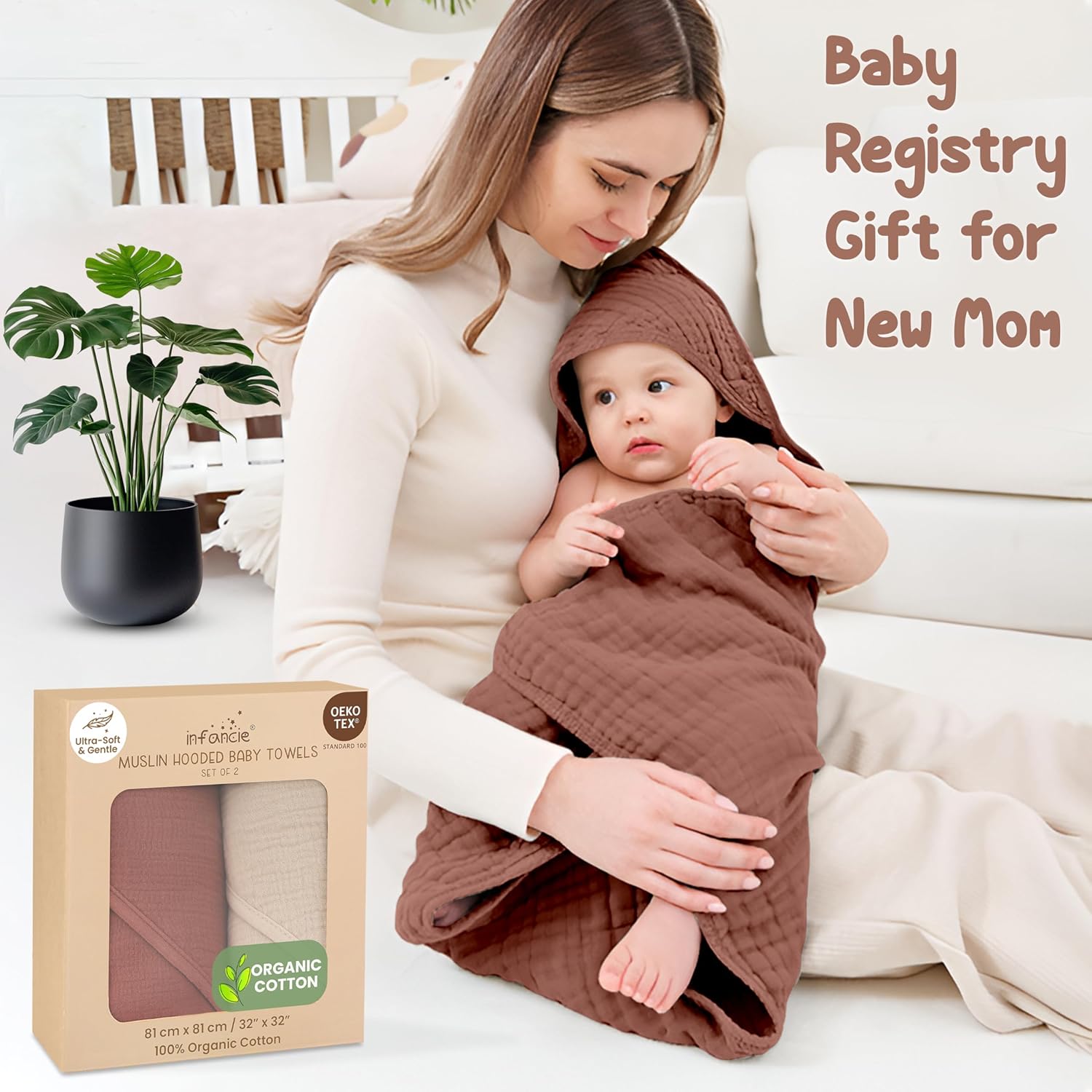 Organic Cotton Muslin Baby Hooded Towels - 2 Pack 32x32 Inch