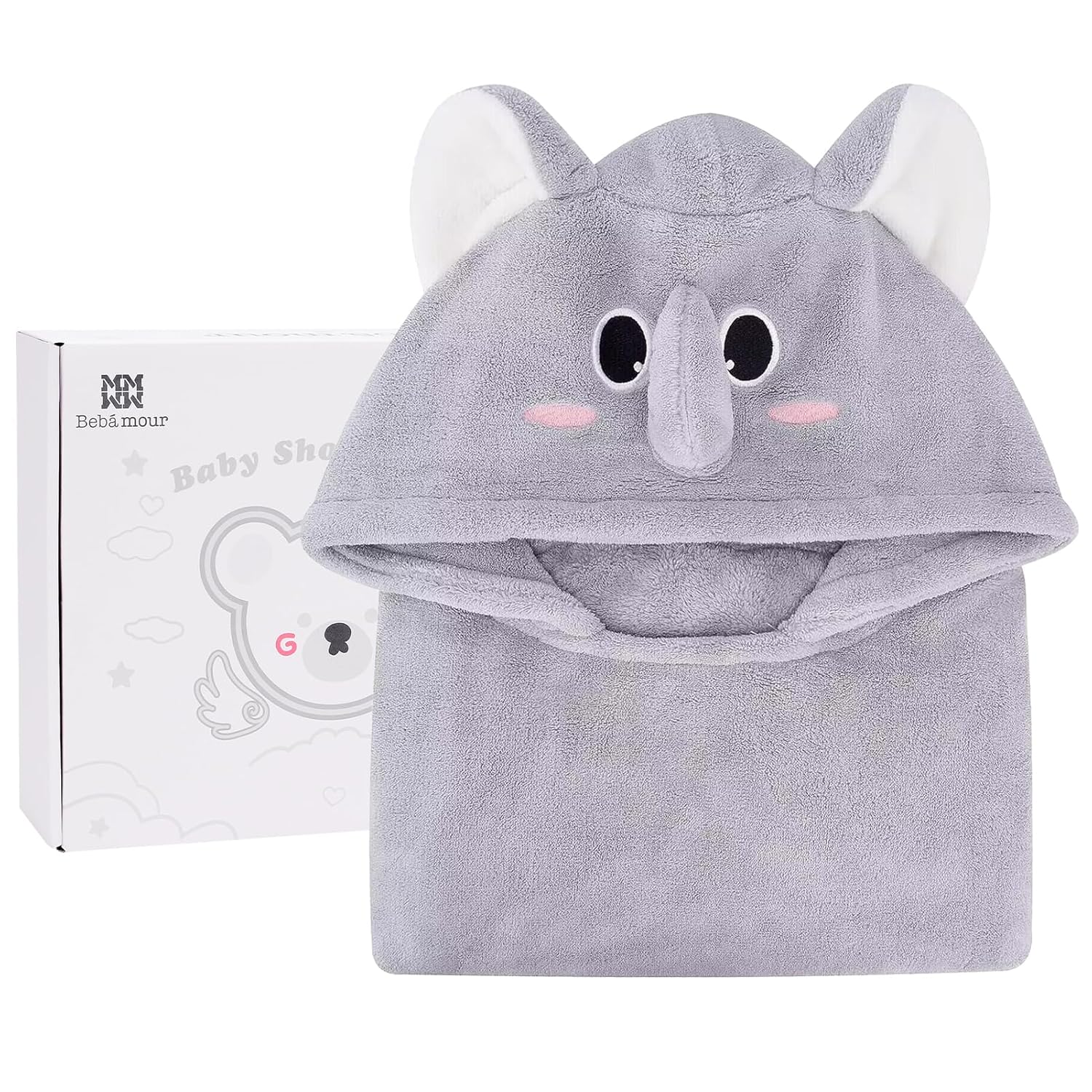 Bebamour Baby Bath Towel Set with Grey Elephant Design