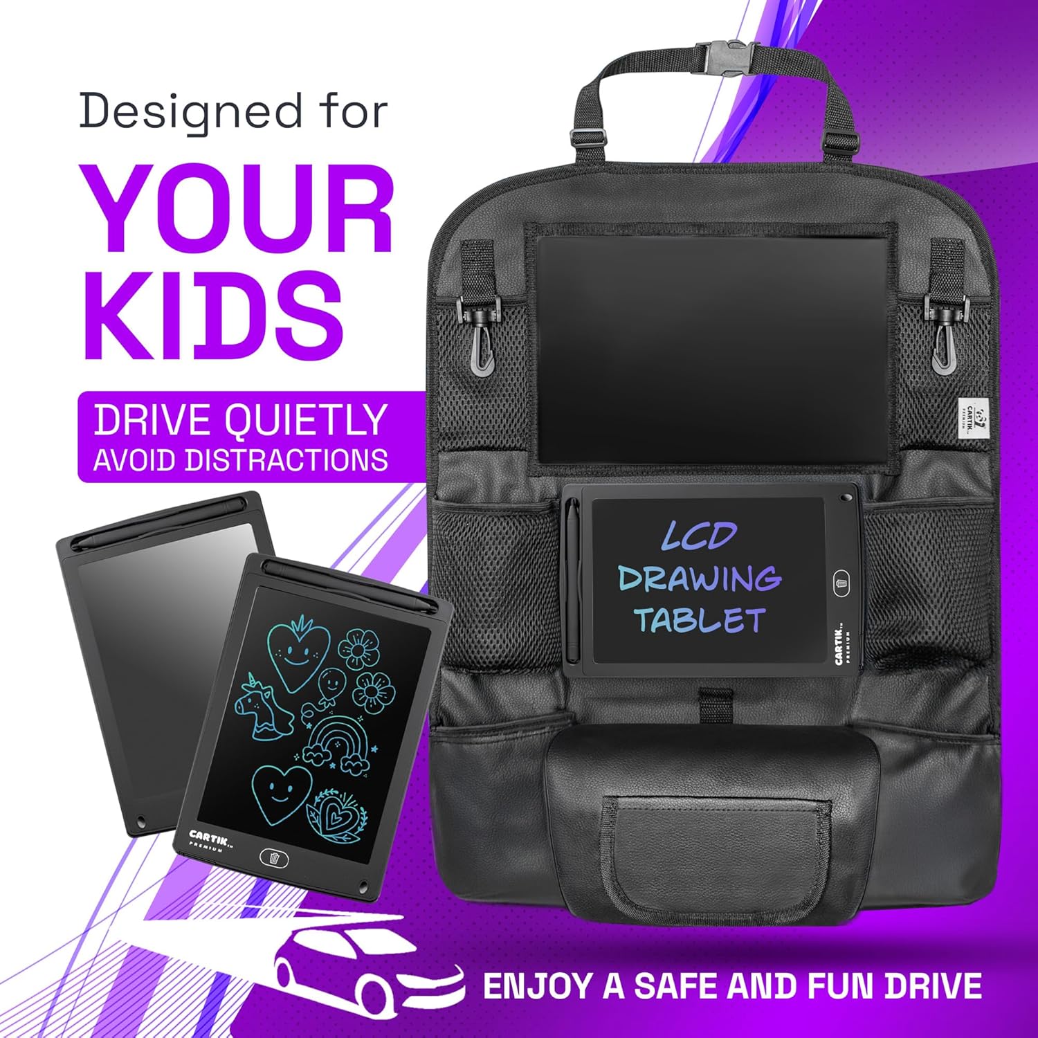 Set of 2 PU Leather Car Seat Organizers with LCD Drawing Tablets 1