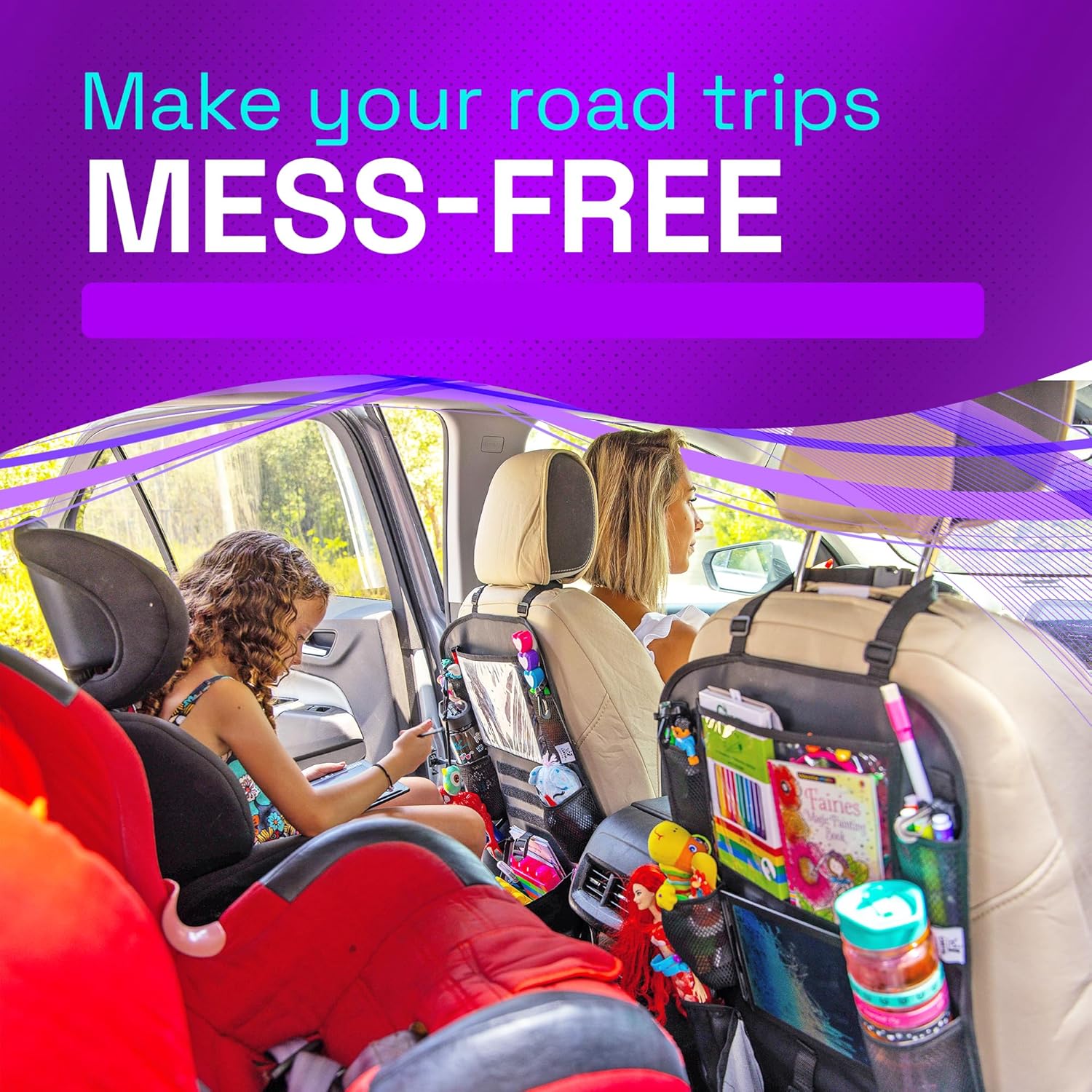 Set of 2 PU Leather Car Seat Organizers with LCD Drawing Tablets 1