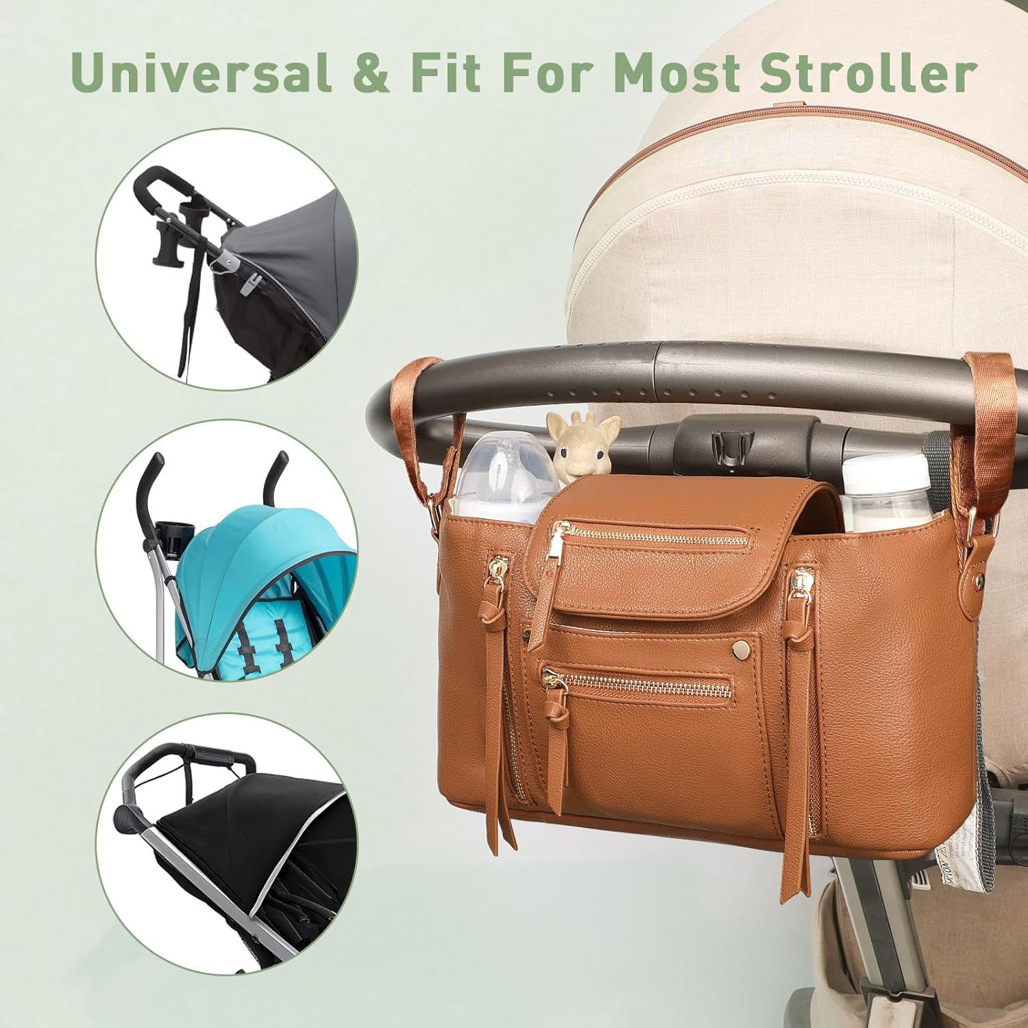 Miss Fong Stroller Organizer with Insulated Cup Holder and Adjustable Strap Brown