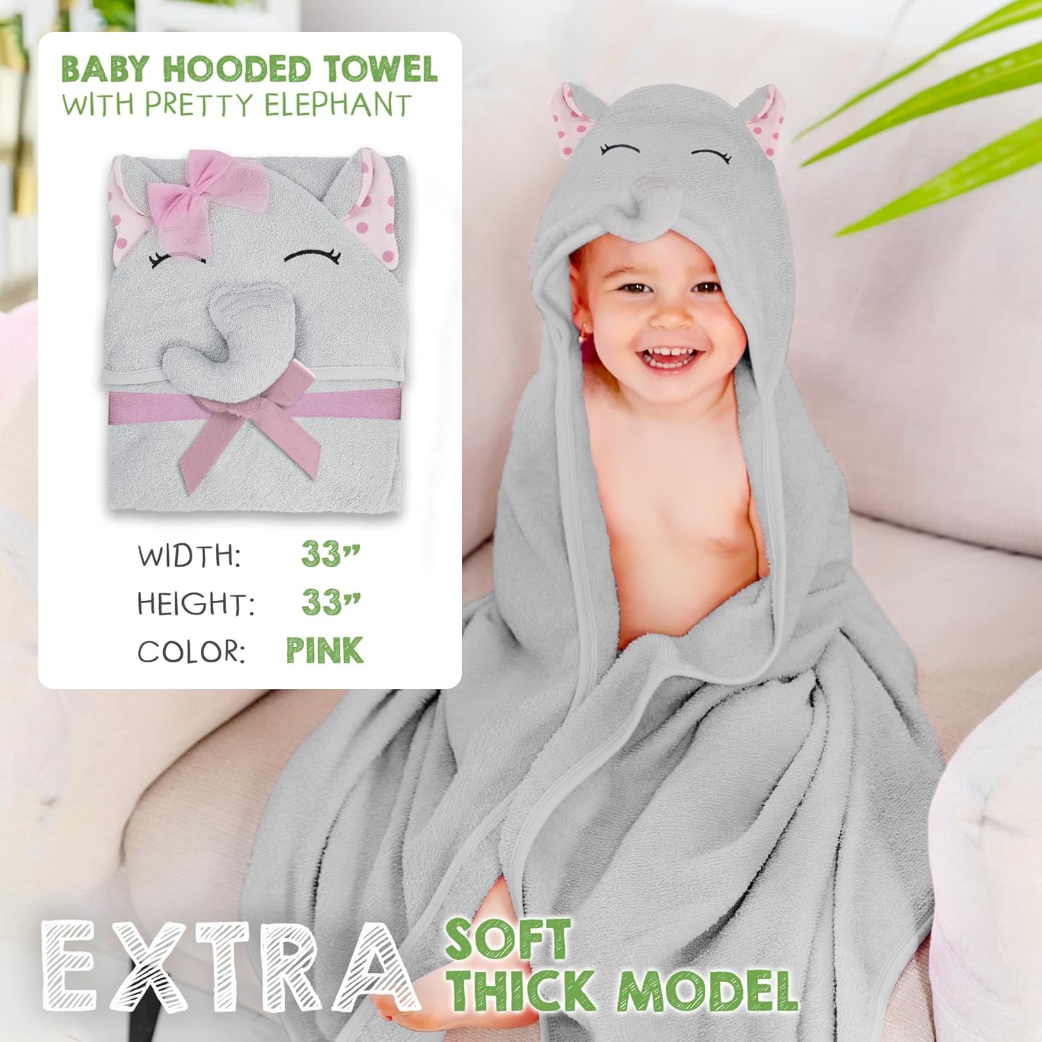 Pink Elephant Hooded Baby Towel 33x33 Inch