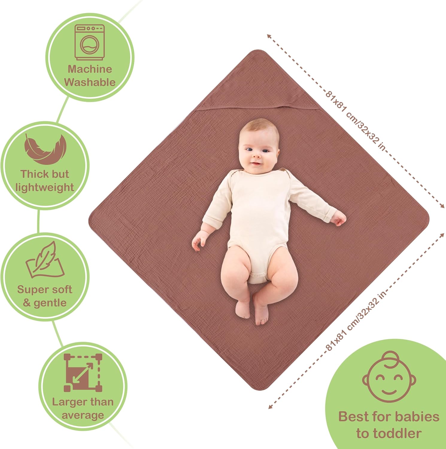 Organic Cotton Muslin Baby Hooded Towels - 2 Pack 32x32 Inch