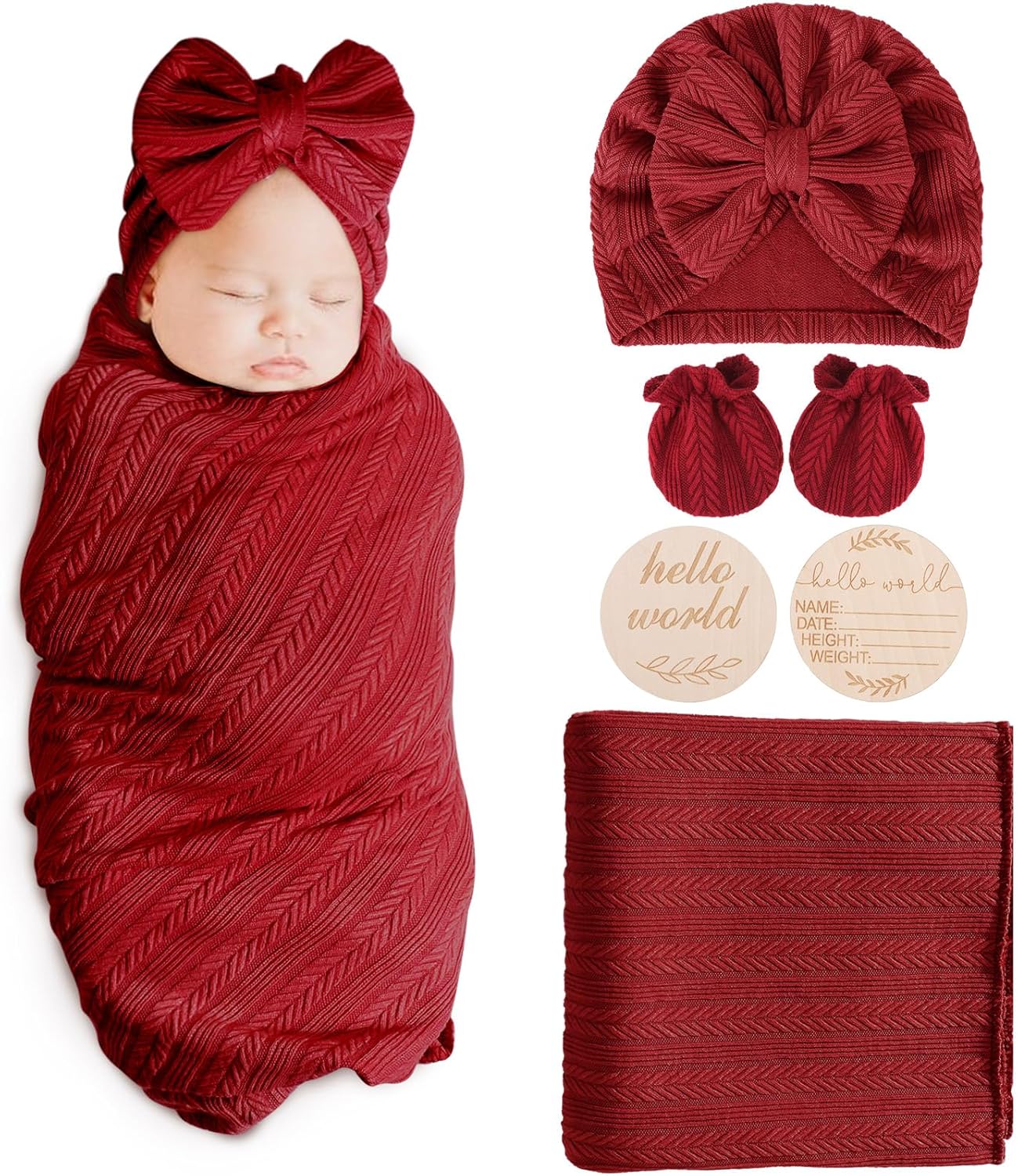 AQOKKA Newborn Receiving Blanket Set with Bow Hat Mittens