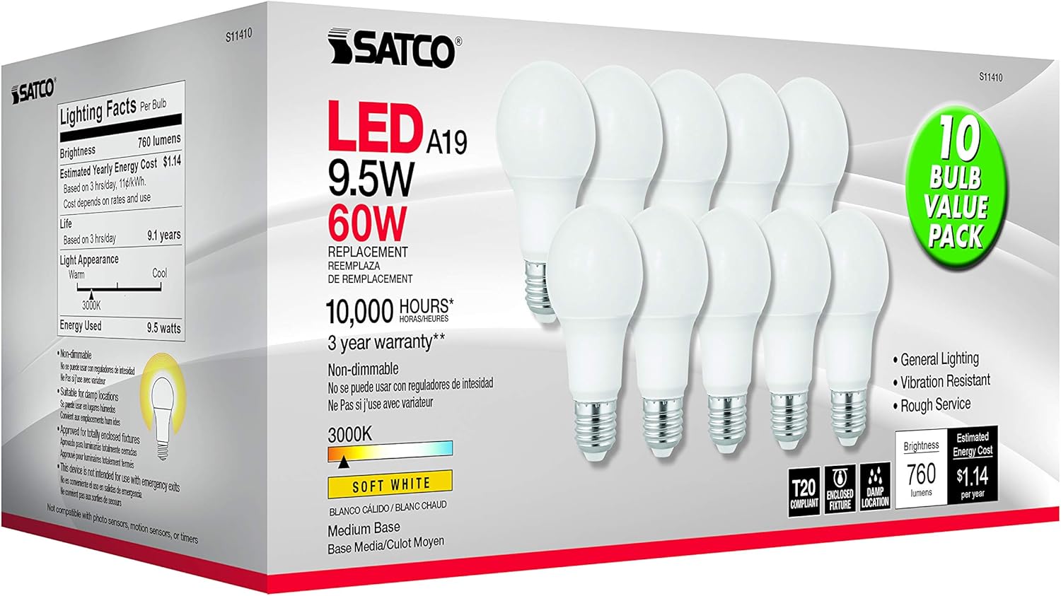 Satco 95W A19 LED Bulbs 10 Pack Warm White 3000K