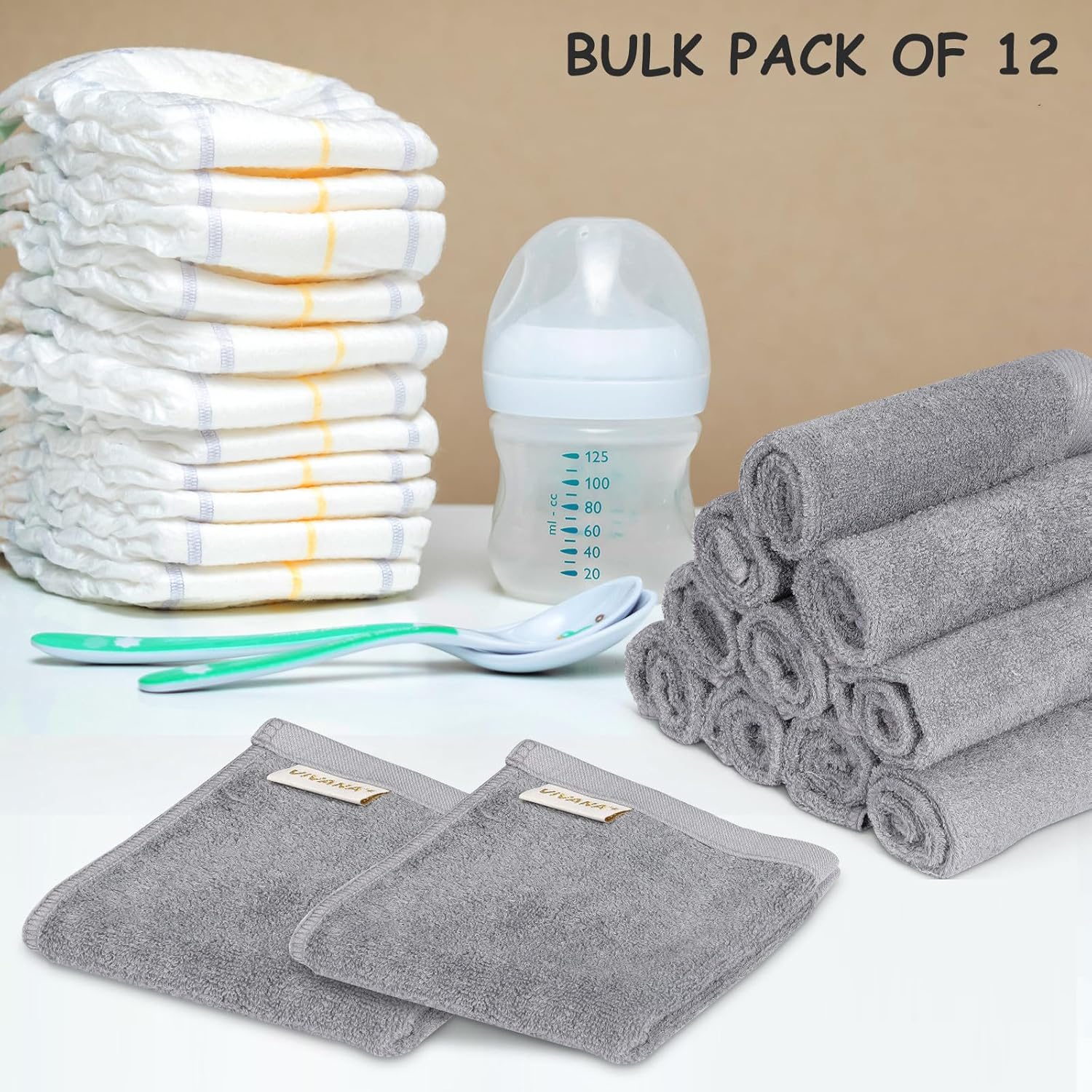 VIVANA Baby Washcloths 12 Pack Grey