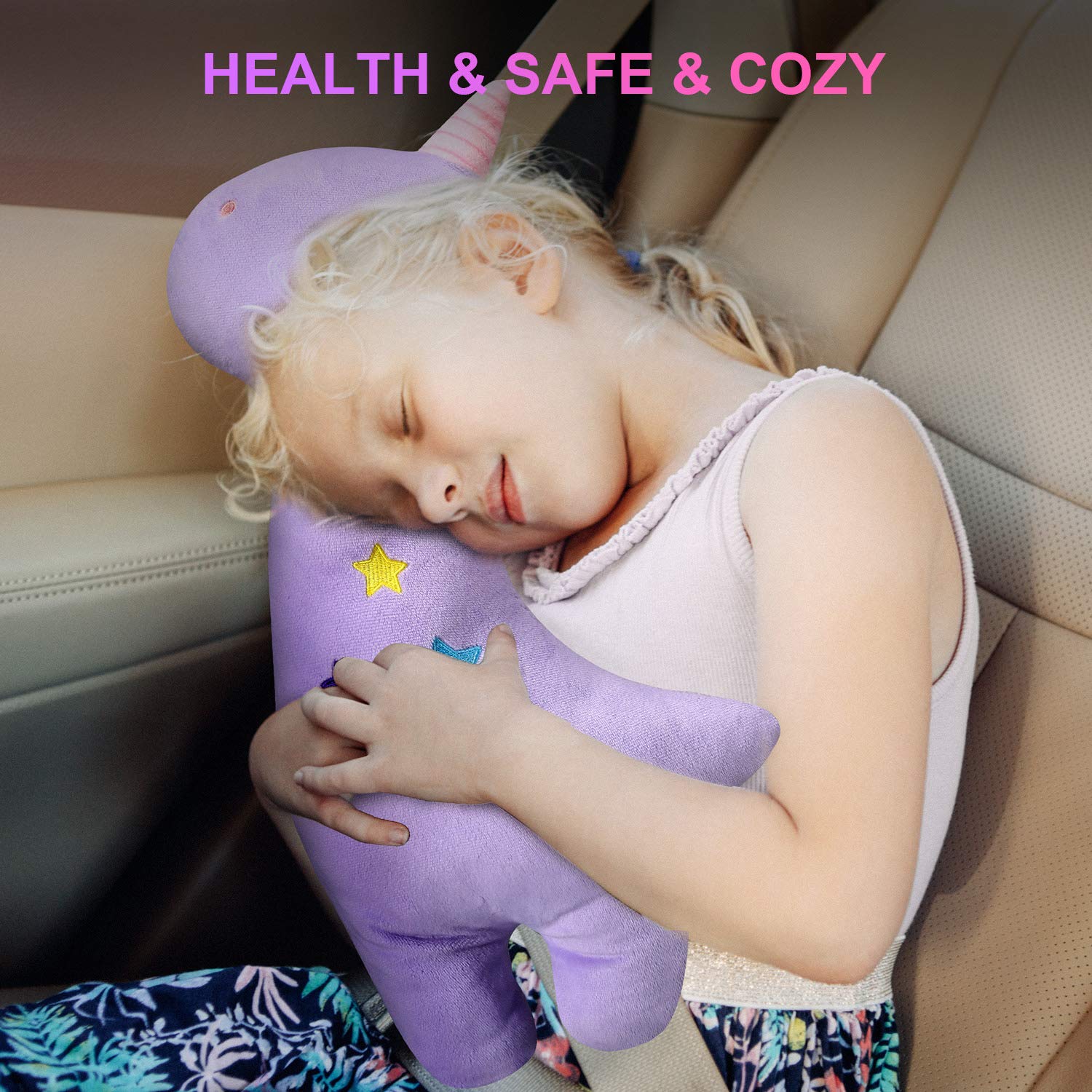 Farochy Unicorn Seat Belt Pillow for Kids Purple
