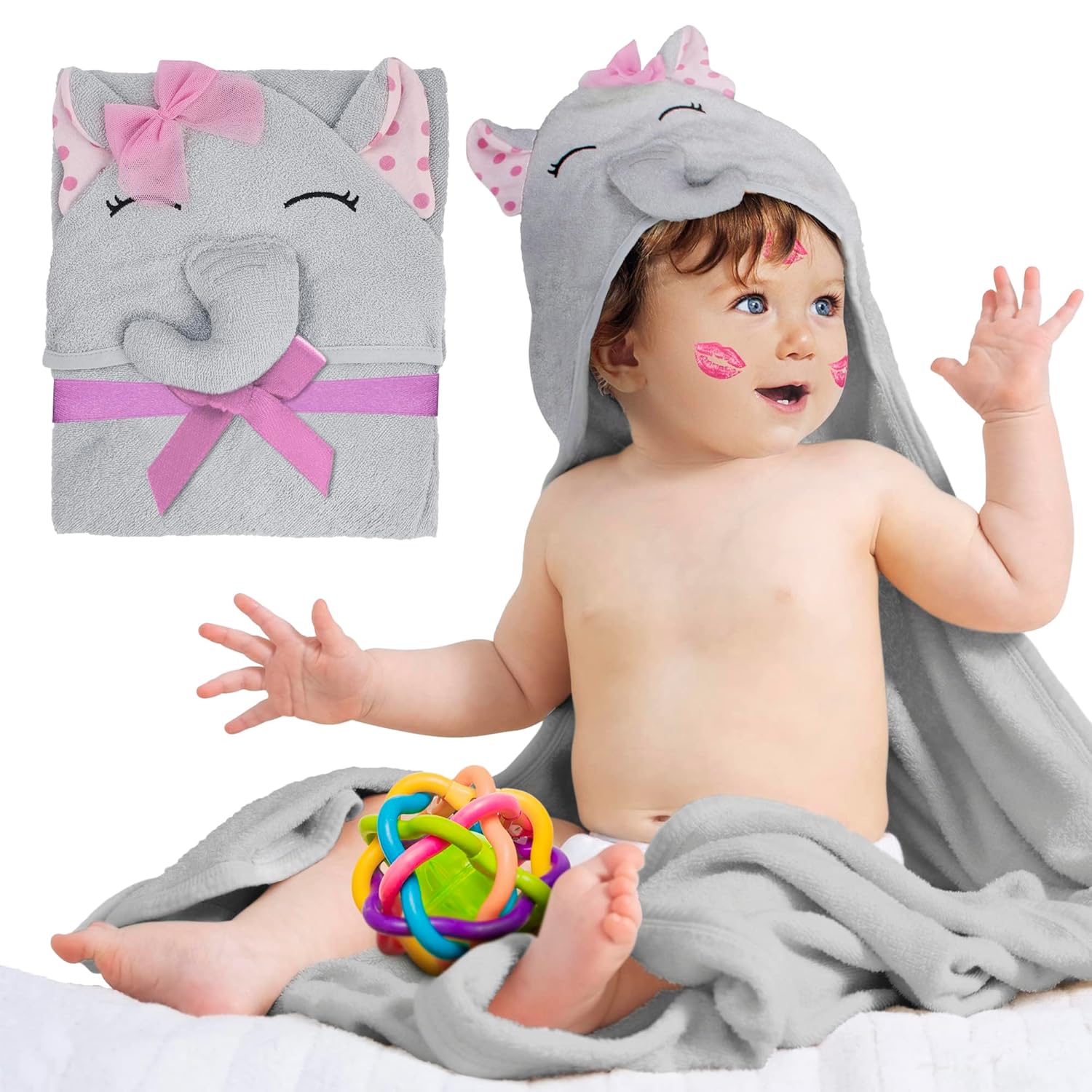 Pink Elephant Hooded Baby Towel 33x33 Inch