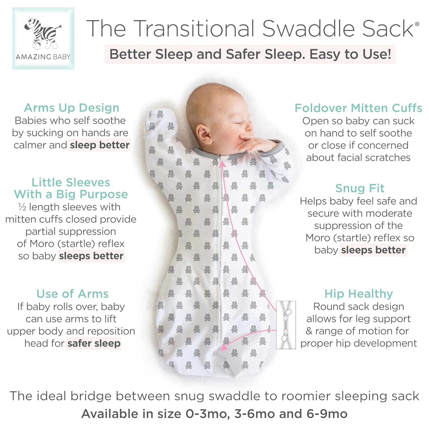 Amazing Baby Transitional Swaddle Sack - Sterling Tiny Bear 0-3 Months